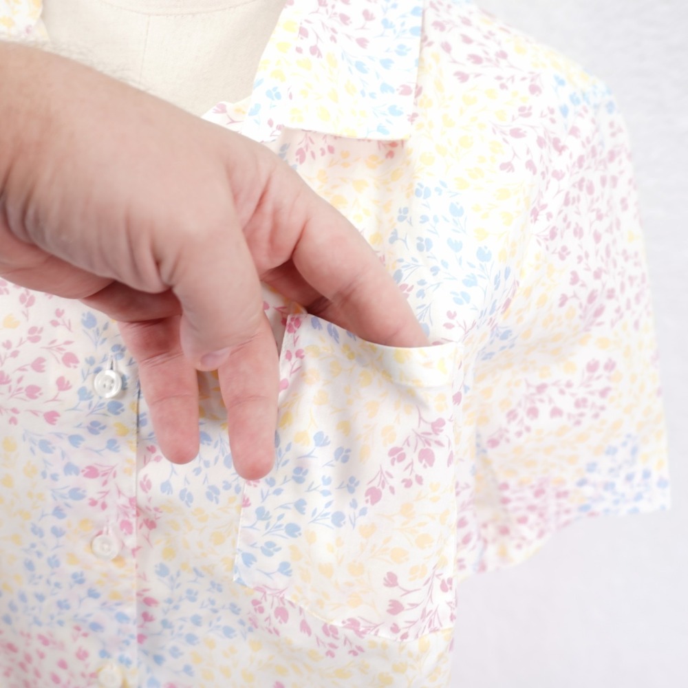 Karen Scott Button Up Shirt Top White Pik Teal Yellow Floral Large Collared Cott - Picture 3 of 8